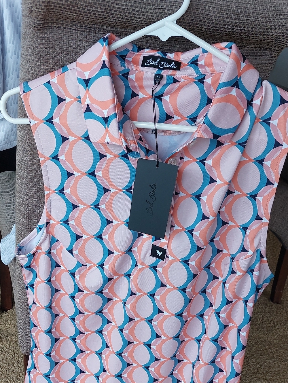 Bad Birdie Peach and Teal Sleeveless Polo with Geometric Circles (NWT)